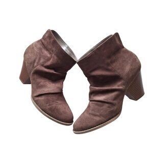 Diba Brown Vegan Faux Suede Western Slouch Ankle Booties Block Heel sz 7.5